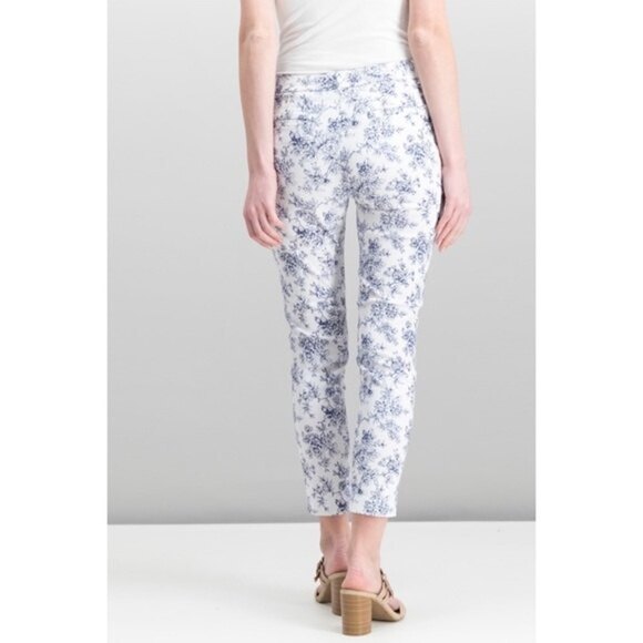 Mario Serrani Cropped Pants White Navy Floral Skinny Lightweight Womens Size 4 - Picture 2 of 10